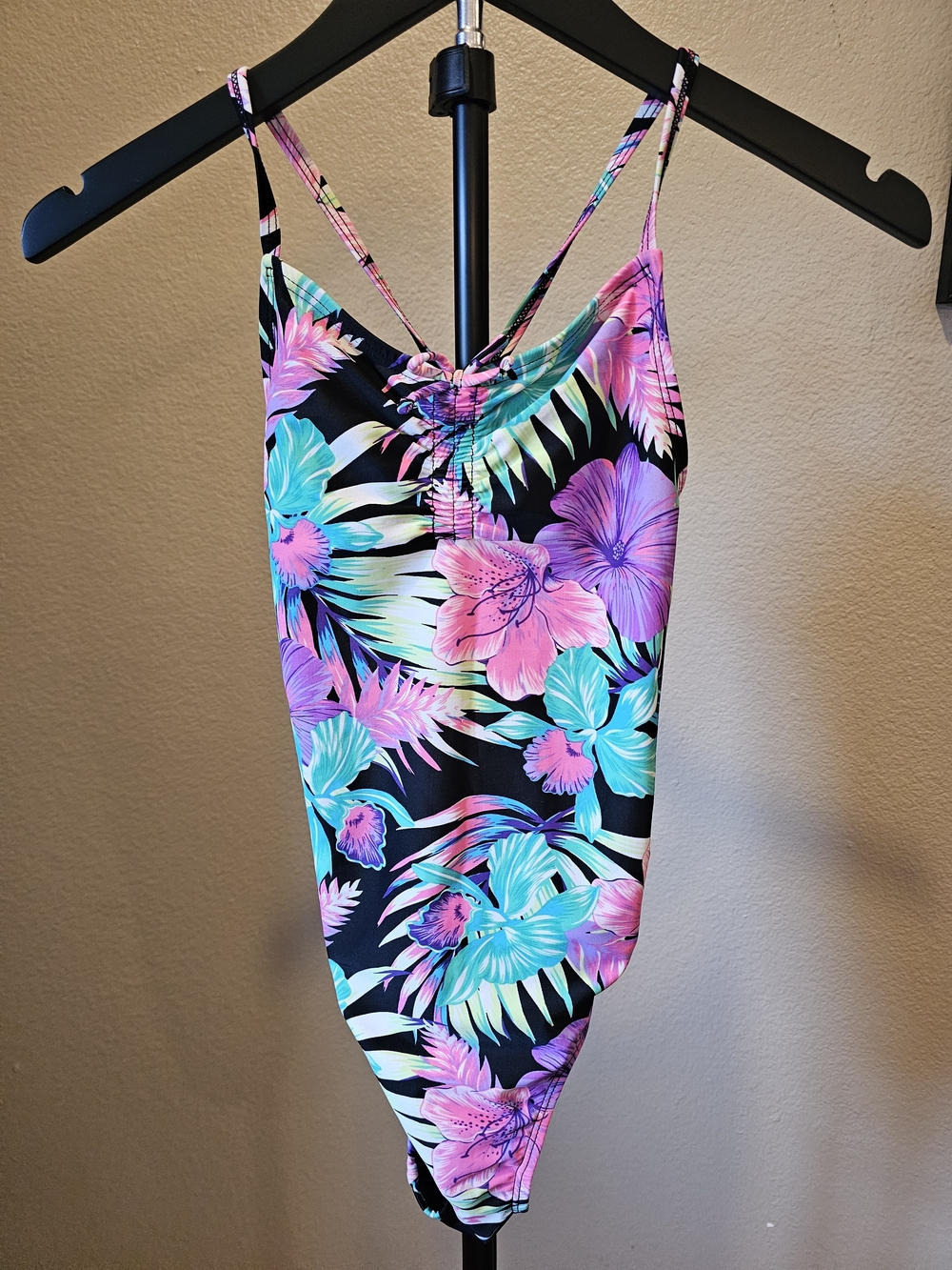 Place Girls' Black One-Piece Swimsuit with Pink & Teal Floral